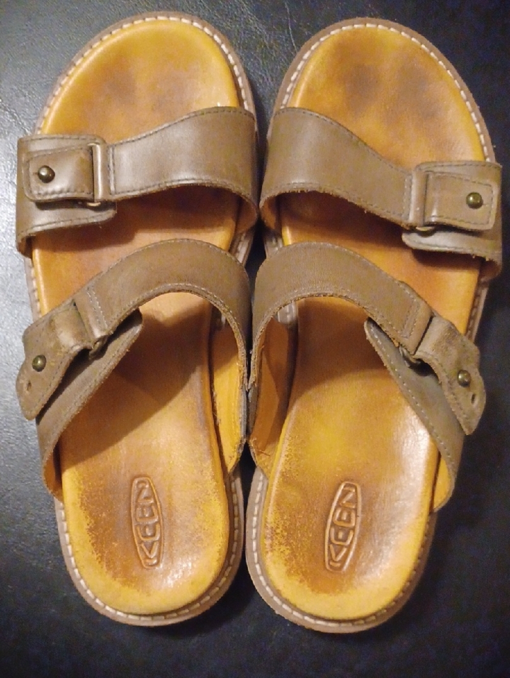 Keen Olive Green Leather Double-Strap Slide Sandals